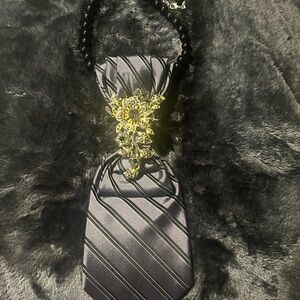 Elegant Striped Tie with Gold Brooch